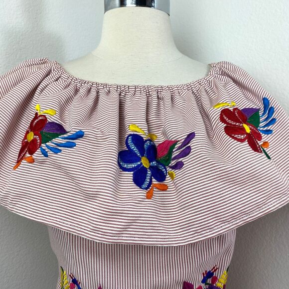 Colorful Floral Embroidered Cotton Dress S/M Flounce Collar Boho Peasant Ethnic - Picture 3 of 12
